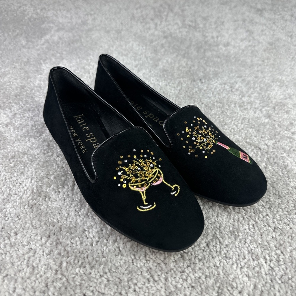 Kate Spade Lounge Fizzy Loafer Black Suede 6.5B Gold Sequin‎ Champagne